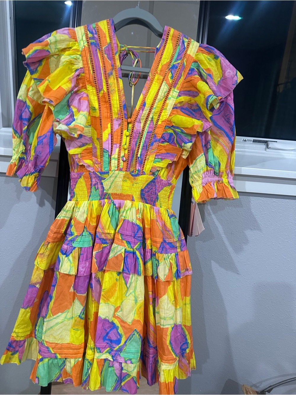 Bright Multi-Color Puff Sleeve Mini Dress with Smocked Waist